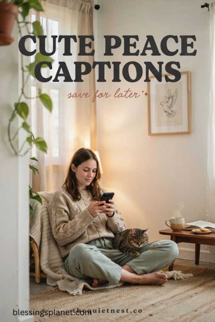 Generate a Pinterest-optimized, high-quality vertical Pin for 'Cute Peace Captions'. Use a cozy, realistic lifestyle indoor scene with warm light.. Keep aspect ratio 23, high-resolution, Pinterest